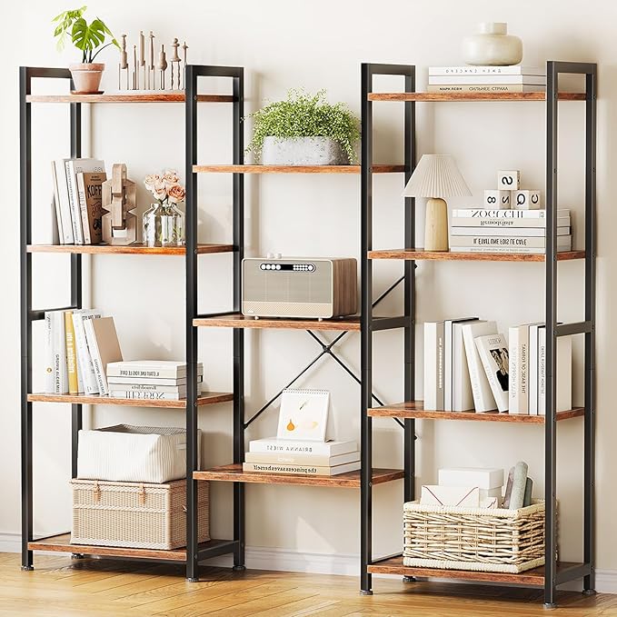 Casaottima Triple 4 Tier Bookshelf, Large Bookcase with 11 Open Display Shelves, Modern Industrial Book Shelves Book Case for Bedroom, Wide Standing Shelving Unit for Living Room Home Office, Vintage