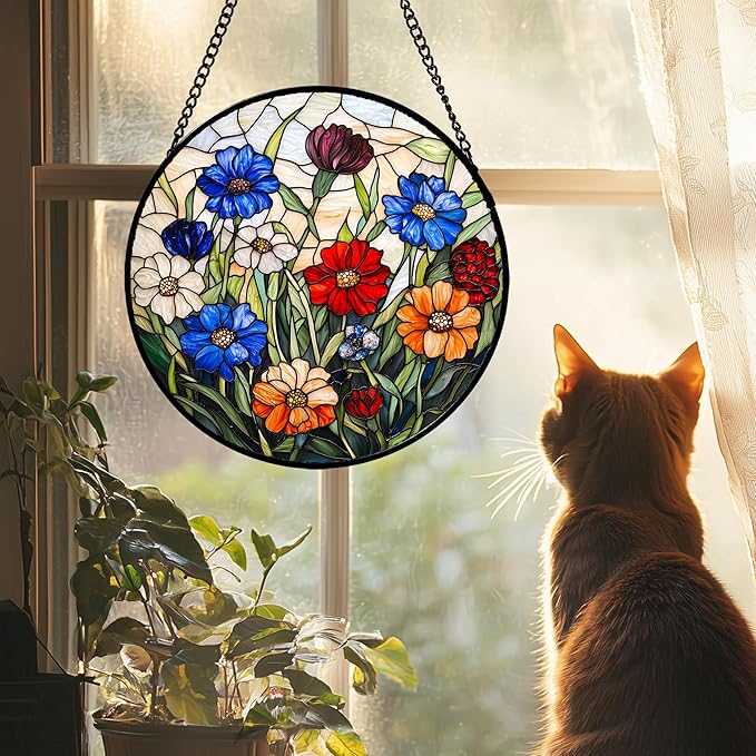 Stained Glass Suncatcher, Colorful Flowers Green Leaf Sun Catcher Landscape Stain Glass Window Hanging Decoration Mother's Day Birthday Gifts for Women Men Mom Nana 6.3 in
