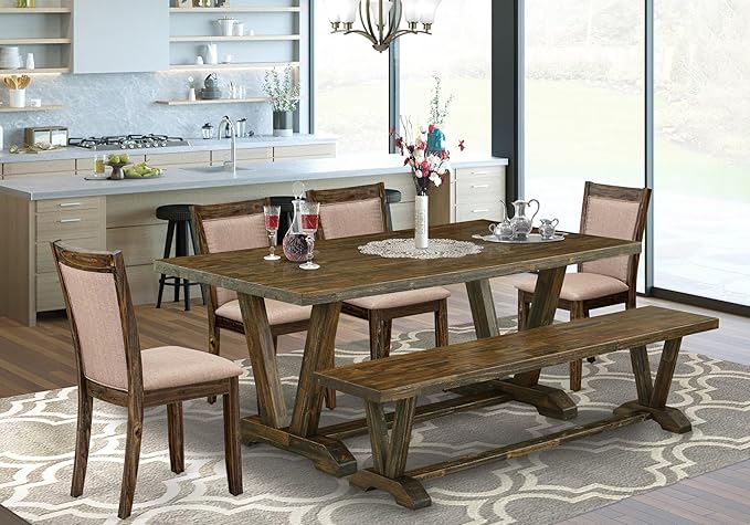 East West Furniture V777MZ716-6 6 Piece Dining Table Set Contains a Rectangle Dining Room Table with V-Legs and 4 Dark Khaki Linen Fabric Parson Chairs with a Bench, 40x72 Inch, Multi-Color