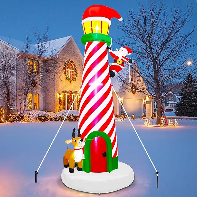 Lulu Home 10FT Christmas Inflatable Decoration, Giant Lighted Lighthouse Blowups with Santa and Reindeer, Air-Blown Ornaments with Storage Bags for Xmas Winter Yard Lawn Garden Outdoor Decor