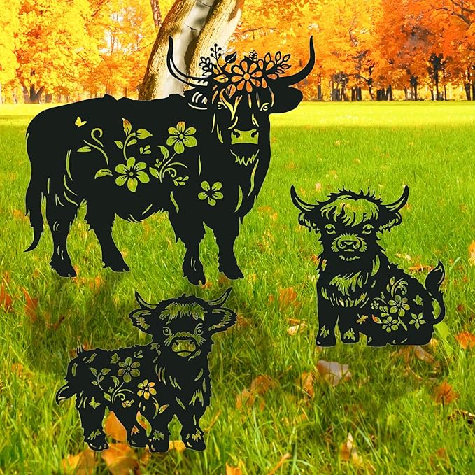 Highland Cow Metal Garden Stakes Yard Decor, 3PCS Black Cow Silhouette Statues Garden Decorative Gifts for Yard Art, Patio, Outside, Lawn Ornaments Outdoor, Yard Art