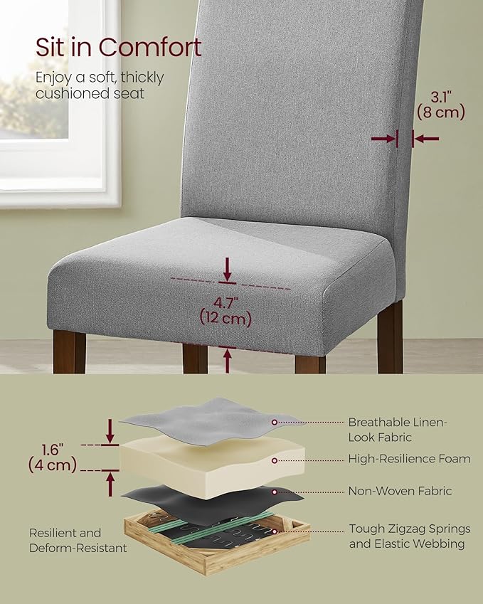 VASAGLE Dining Chairs, Parsons Chairs with Removable Fabric Cover, High Back, for Dining Room Kitchen, Set of 2, Thick Seat, 22.8 x 18.9 x 39.4 Inches, Dove Gray UKDC152G01