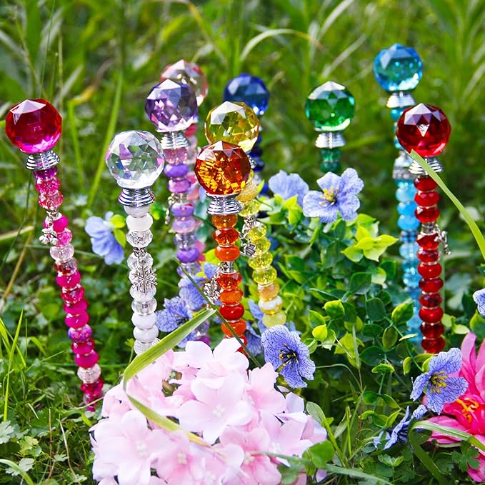 247 PCS Beaded Garden Stakes Kit, DIY Fairy Wand Garden Stake Beads Kits with Assortment Large Hole Beads 10 Crystal Stopper Top Threaded Rods and 10 Silver Pendants for Outdoor Indoor Decor