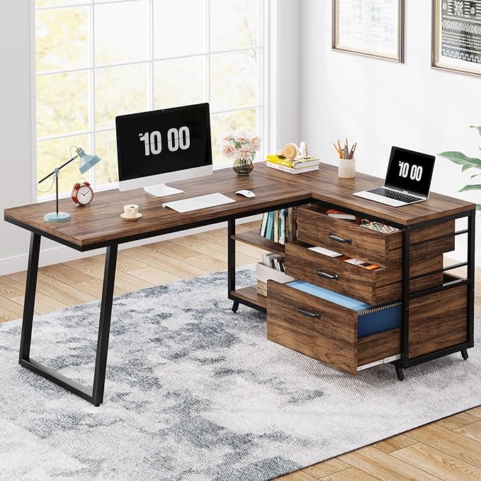 Tribesigns L-Shaped Computer Desk with 3 Drawers, Reversible Corner Home Office Desk with Shelves, 53-Inch Industrial PC Desk Study Writing Table Workstation for Small Space, Rustic Brown