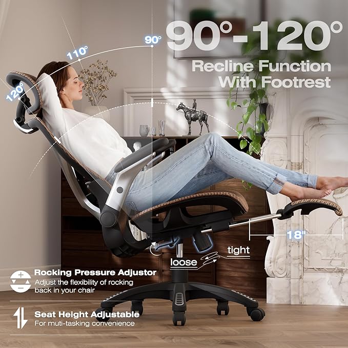 ELABEST X100 Ergonomic Office Chair with Footrest, Big and Tall Home Desk Chair with 5D Flip-Up Arms, Adjustable 3D Lumbar Support,High Back Rolling Computer Chair, Swivel Mesh Chairs