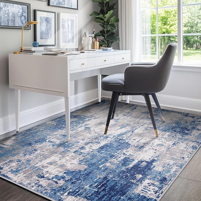 Washable Area Rugs 4'x6' Non-Slip Modern Abstract Soft for Living Room Entryway Bedroom Nursery, Print Pattern, Blue Grey Navy Gray