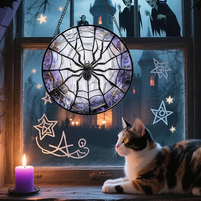 Stained Glass Window Hanging Funny Black Spider 11.8" - Suncatcher Door Garden Sunroom Sun Catcher Fall Decor Birthday Halloween for Friend Mom Men Woman Nana
