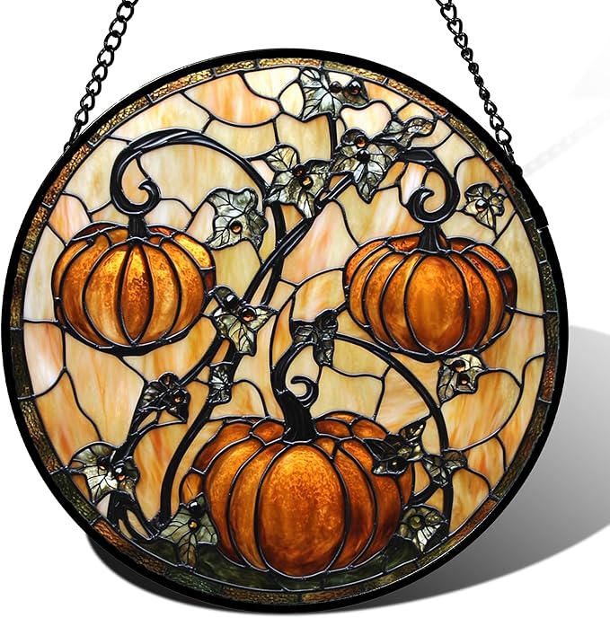 Stained Glass Window Hanging - Halloween Decoration Orange Pumpkin Vine Leaves Suncatcher for Door Garden Spooky Sun Catchers Gothic Decor Horror Gifts for Women Men Friend Boy Girl 7.8 in