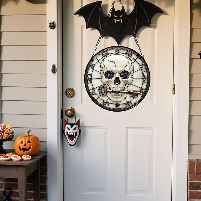 Stained Glass Window Hanging - Halloween Scary Skull Suncatcher for Doors Garden Home Spooky Purple Skeleton Key Sun Catchers Gothic Decor Horror Gifts for Women Men Friend Boy Girl 6.3 in