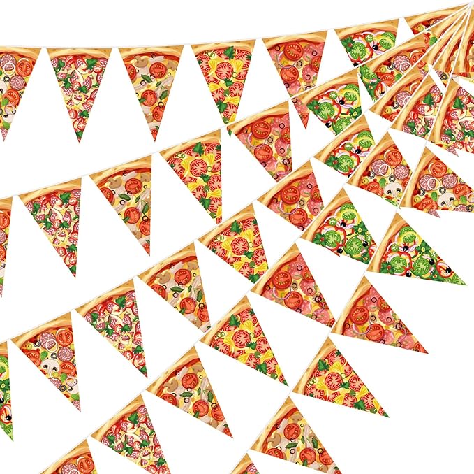 HESTYA 5 Pcs 49 Ft Pizza Party Decorations Pennant Banner Pre-Assembled Pizza Triangle Flag Bunting Garland for Themed Birthday Bachelorette Party Supplies Fast Food Theme Decorations