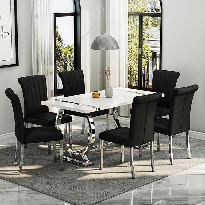 Asday White and Silver Rectangle Dining Table for 4-6, 60 inch Luxury Modern Dining Room Table with MDF Tabletop and Mirrored Chrome U-Shaped Base for Living Room, Kitchen, Apartment