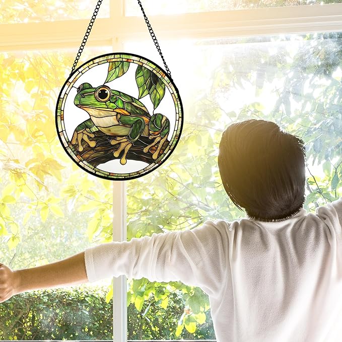 Stained Glass Window Hanging, Frog Green Leaf Sun Catchers Colorful Glass Panel Cool Suncatcher Decor for Birthday for Women, Men, Wife, Aunt, and Mom 7.8 in