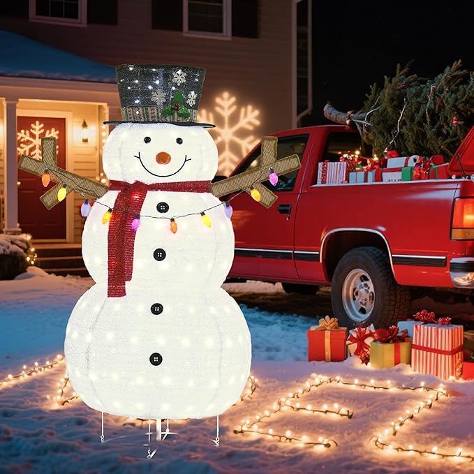 5ft Lighted Pop-up Snowman Outdoor Christmas Lawn Decor, 60" Large 3D Snowman Holiday Decoration with White 200 LEDs for Lawn, Yard, Garden