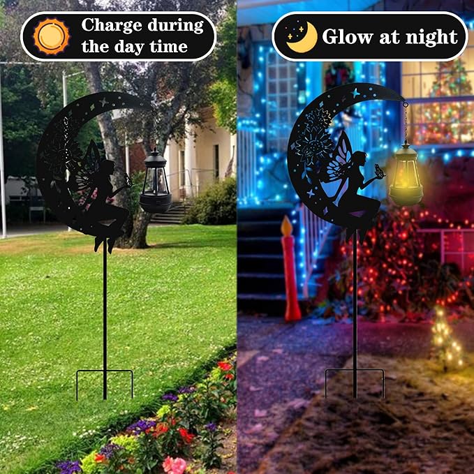 Solar Angel Garden Outdoor Stake Holding Solar Lantern Outdoor Decor Metal Large Angel Sitting Moon Silhouette Stakes for Garden Lawn Patio or Courtyard