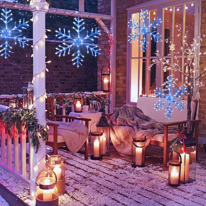 Christmas Window Snowflake Lights Decorations, Battery Operated Led Hanging Iron Lights, 8 Lighting Modes for Home Bedroom Indoor Outdoor Wall Holiday Decor (Blue, 2 Pack)