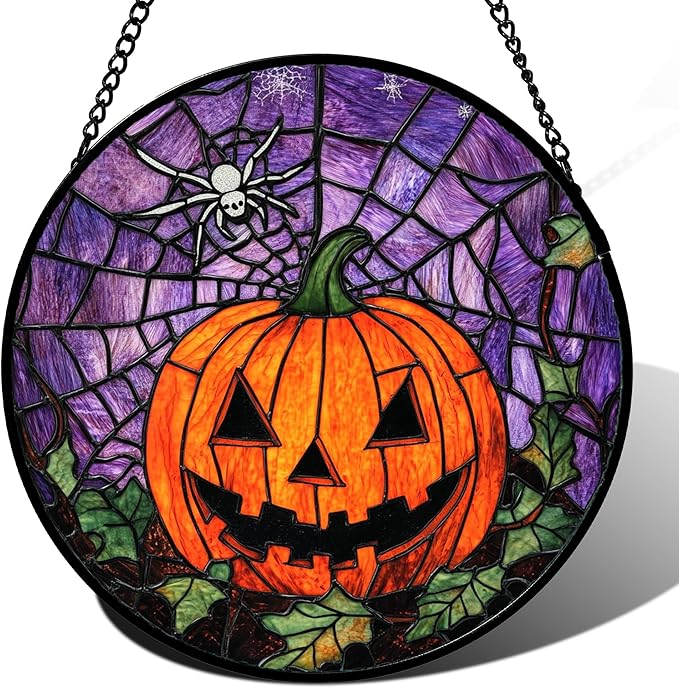 Stained Glass Window Hanging Halloween Golden Yellow Horror Pumpkin 6.3" - Suncatcher Door Garden Sunroom Gothic Style Sun Catcher Birthday for Friend Mom Men Woman Nana