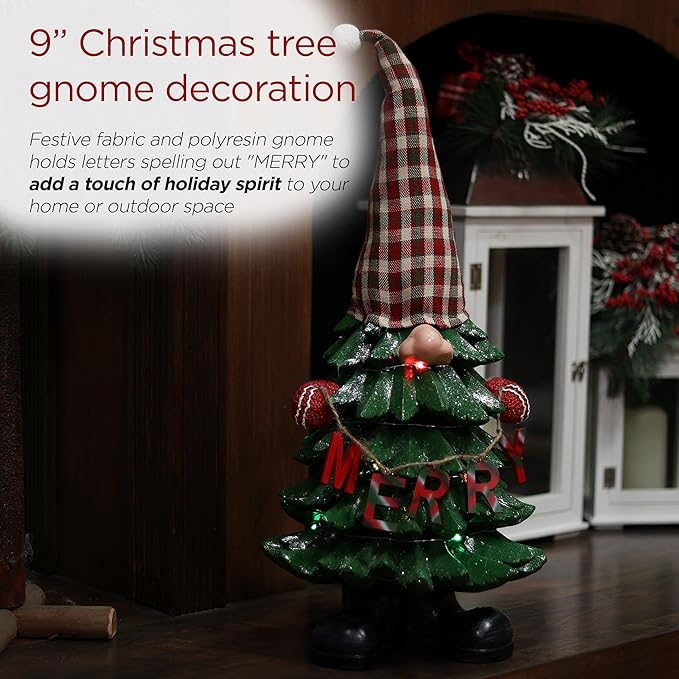 Alpine Corporation 28" Christmas Tree Merry Gnome Statues with Color Changing LED Lights, Holiday Decor