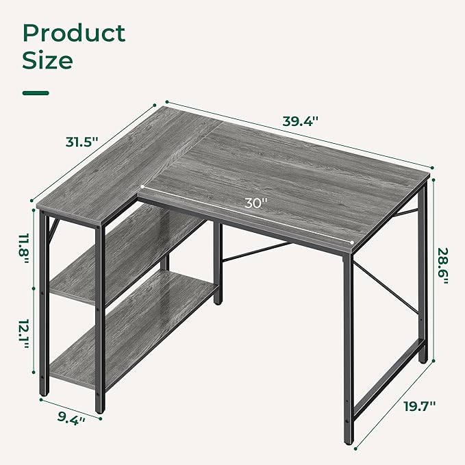 Huuger L Shaped Desk, 39 Inches Computer Desk with Reversible Storage Shelves, for Gaming Corner Home Office Writing Study, Metal Frame, Gray