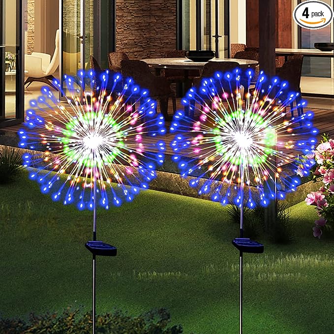 Solar Garden Firework Lights Outdoor Waterproof 2 Pack Solar Powered Art Stake Twinkle Lighting Outside Solar Lights Upgrad 180 LED Sparklers Lights for Yard Party Decorations (Colorful)