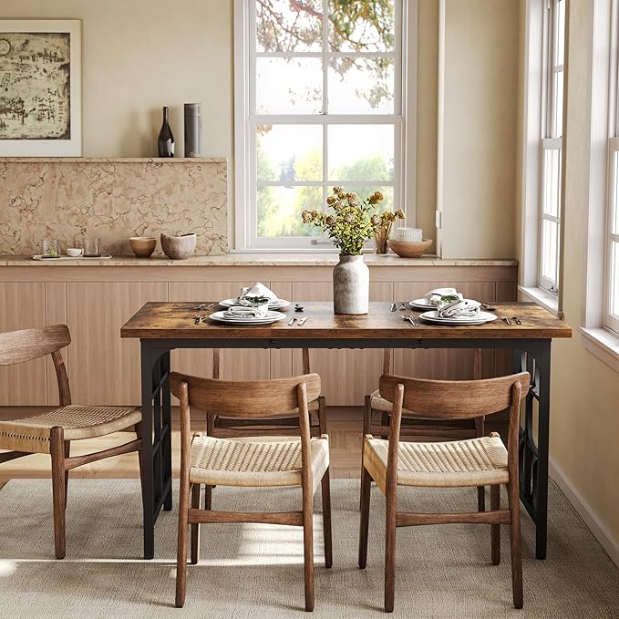 LITTLE TREE Farmhouse Dining Table for 4-6, 54.7-Inch Wooden Rectangle Kitchen Dining Room Table, Industrial Rustic Dinner Desk for Kitchen, Living Room, Home, Brown