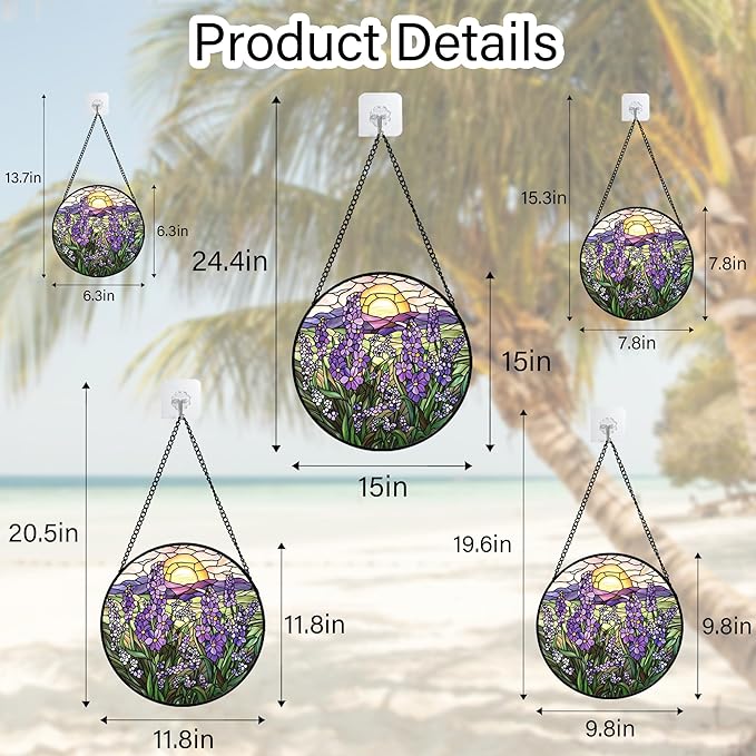 Stained Glass Window Hanging - Purple Lavender Suncatcher for Door Terrace Garden Home Decor Plant Flowers Landscape Sun Catcher Birthday Gifts for Lovers Women Men Dad Mom Nana 9.8 in