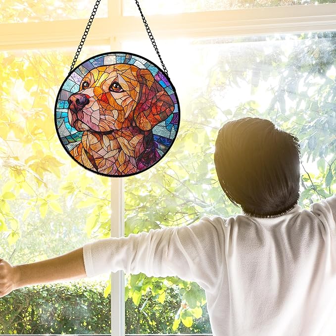 Stained Glass Window Hanging, Cute Dog Abstract Sun Catchers Colorful Glass Panel Texture Suncatcher Decor for Birthday for Women, Men, Wife, Aunt, and Mom 7.8 in