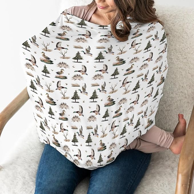 Retro Duck Hunting Car Seat Cover for Babies Vintage Flying Mallards Stretchy 5-in-1 Cover Adjustable Car Canopy Cover Wild Ducks Trees Leaves Breathable Nursing Cover-Up