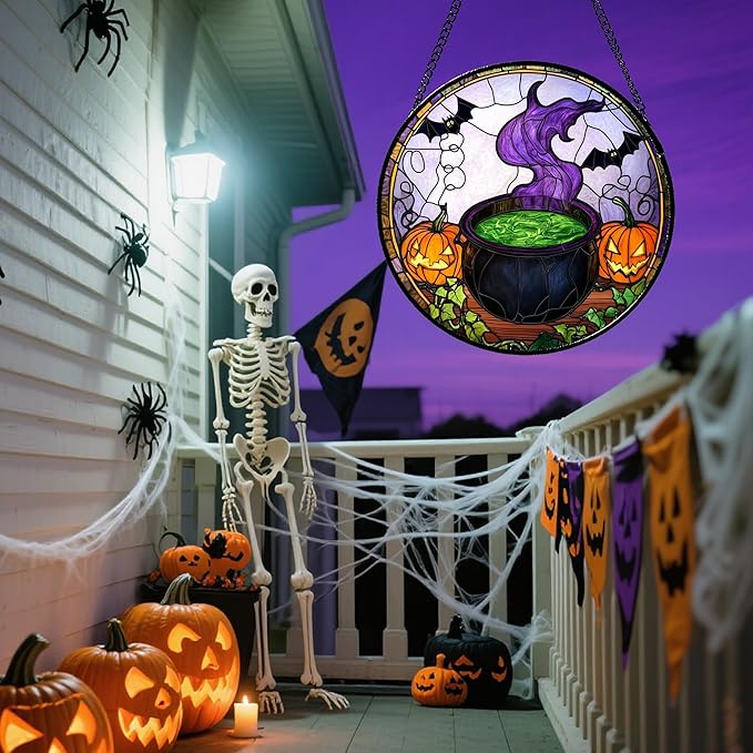 Stained Glass Window Hanging Halloween Scary Pumpkin Bat Magic Liquid 9.8" - Suncatcher Door Garden Sun Catcher Gothic Home Decor Birthday Horror Gifts for Mom Men Woman Friend