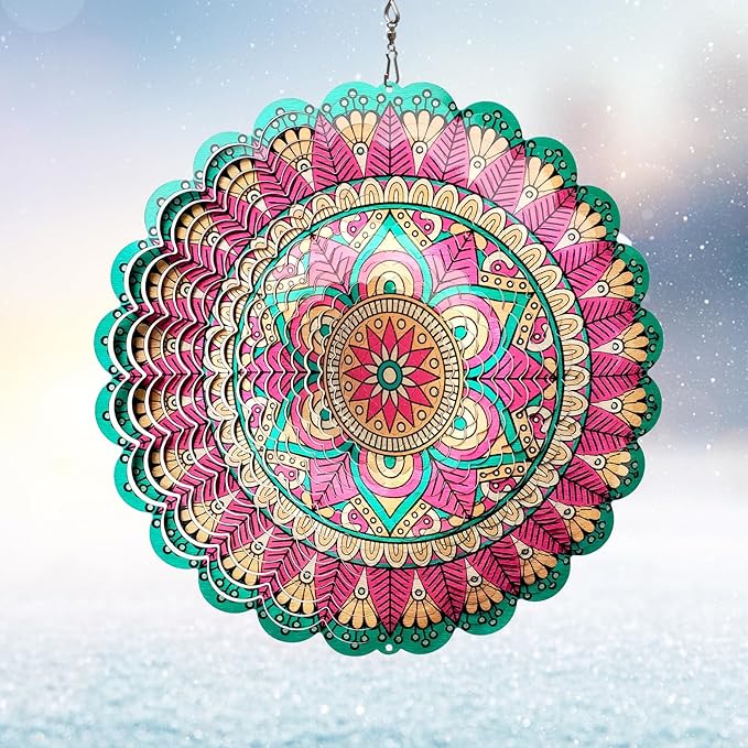 Mandala Manjusaka Wind Spinner - 12″ Stainless Steel Hanging Sculptures | 3D Kinetic Laser Cut Metal Art Decoration for Yard/Garden/Indoor, Creative Decor Gift