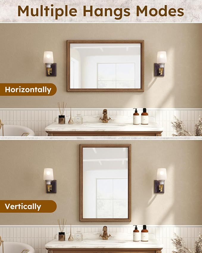 Axeman 24x36 Wood Wall Mirror, Rustic Bathroom Mirror, Vintage Wall Mounted Mirror Tempered Glass with Beaded Wooden Frame for Farmhouse Living Room Vanity Bedroom Entryway, Bronze