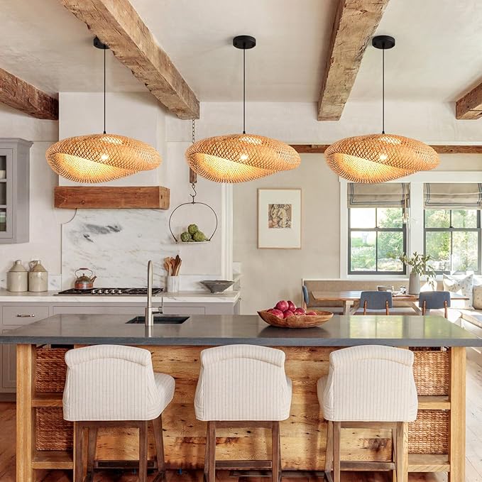 19.7in Farmhouse Bamboo Pendant Light Rattan Woven Chandelier for Dining Room Boho Lights Fixture Kitchen Island Wicker Hanging Lighting for Restaurants Breakfast Nook Foyer Entryway Porch