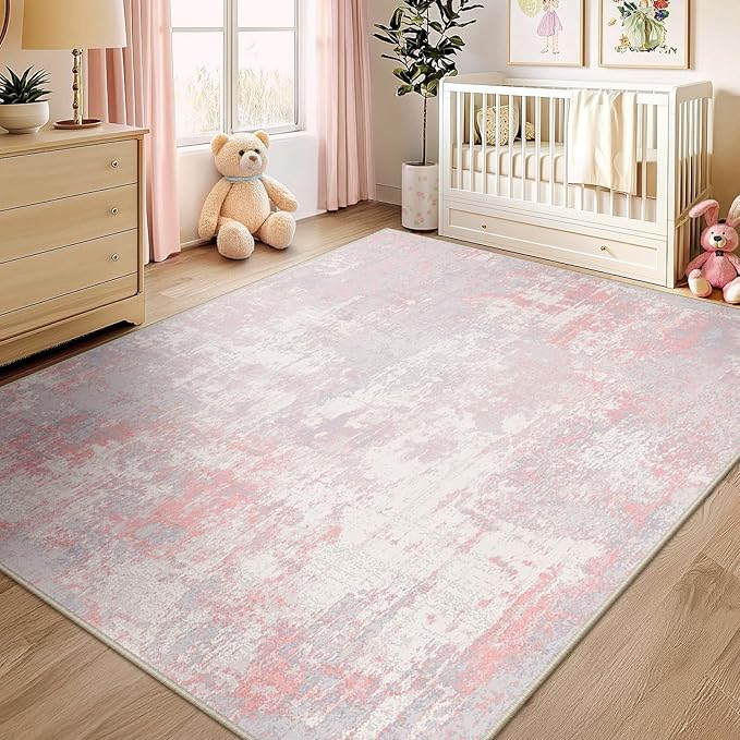 Washable Area Rugs 4'x6' Non-Slip Modern Abstract Soft for Living Room Entryway Bedroom Nursery, Print Pattern, Grey Pink
