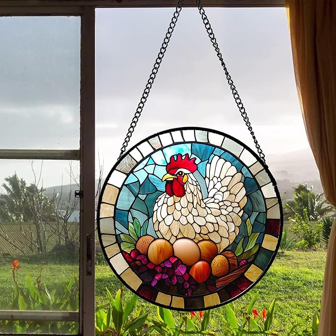 Stained Glass Window Hanging White Chicken Hatching Eggs 9.8" - Suncatcher Door Garden Sunroom Sun Catcher Home Decor Birthday Christmas for Mom Men Woman Nana