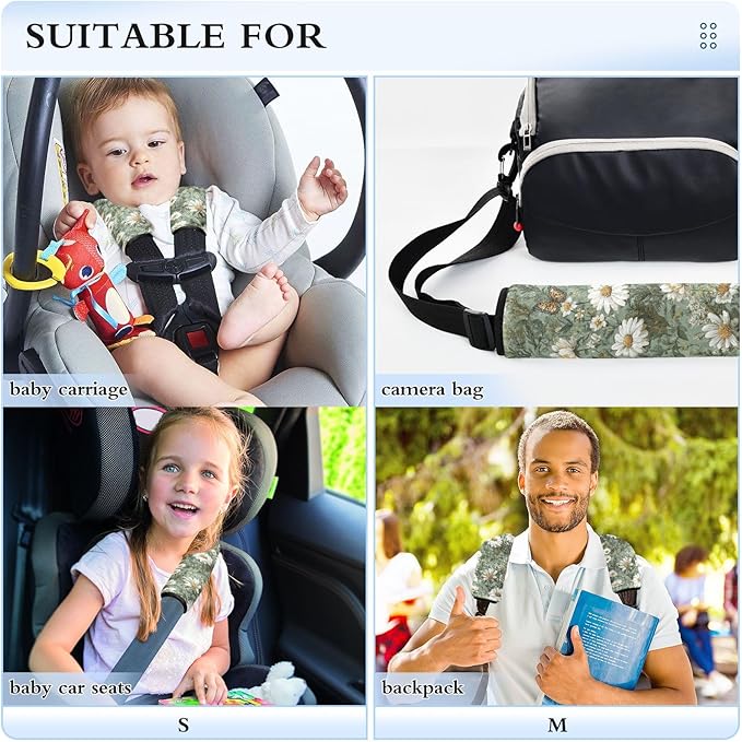 2 Pack Seatbelt Covers Seat Belt Cover Pad for Adults Boys Girls Car Seat Strap Covers Pads Cushion Universal Shoulder Strap Pad Protector for Backpack Camera Bag 6.5 Inch Summer Daisy Butterfly Green