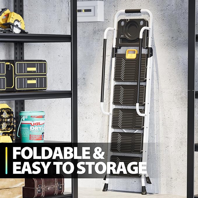 KINGRACK Folding 5-Step Ladder, 800 lbs Capacity Step Stool with Safety Lock, Tool Tray, Non-Skid Wide Steps, Handrail, Household Folding Ladder for Home, Garden, Painting, Outdoor, and Garage, White