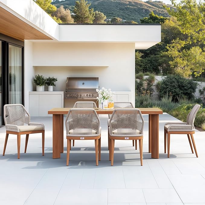 PURPLE LEAF 7 Pieces Dining Set Patio Metal Rectangular Table and Wicker Rattan Chairs for Outside Porch Garden Kitchen Modern Outdoor Furniture Sets