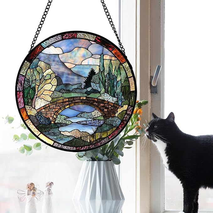 Stained Glass Window Hanging, Blue Landscape Arch Bridge Sun Catcher for Door Home Decor Suncatcher Christmas Mother's Day Birthday Gifts for Women Men Mom and Nana 11.8 in