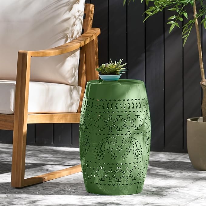 Christopher Knight Home Zoey Small Outdoor Side Table, Lace Cut Iron End Table, Metal Outdoor Stool, Hollow Drum Round Side Table, Decorative Garden Stool with Cutout Design for Patio Balcony, Green