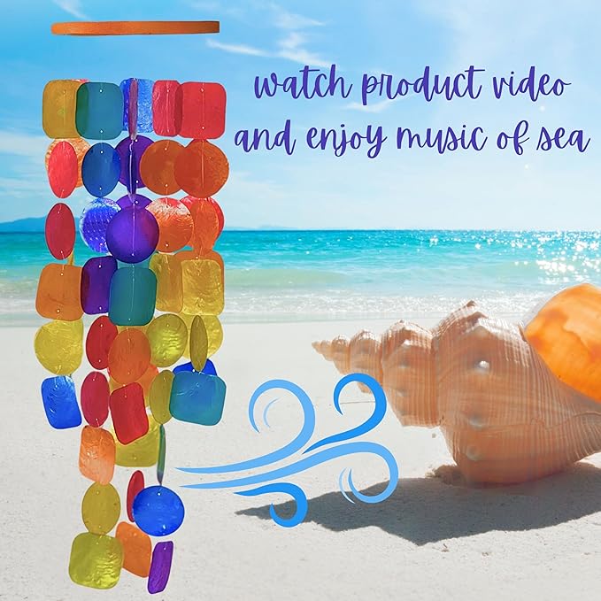 Bellaa 20744 Wind Chimes Outdoor, Garden Decorations, Musical, Indoor/Outside Windchimes, Beach, Ocean Breeze, Gifts for Mom, Gift for All Occasions, Capiz Sea Glass Shells Wood Turquoise Blue