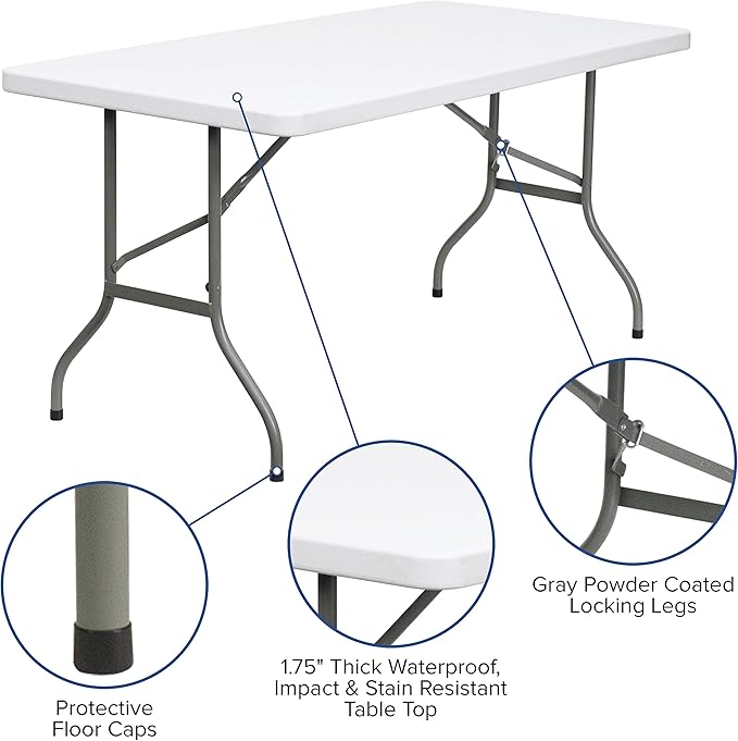 Flash Furniture Elon 5' Rectangular All-Occasion Plastic Folding Event Table, Foldable Portable Banquet Table for Indoor/Outdoor Events, White