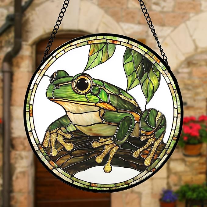 Stained Glass Window Hanging, Frog Green Leaf Sun Catchers Colorful Glass Panel Cool Suncatcher Decor for Birthday for Women, Men, Wife, Aunt, and Mom 7.8 in