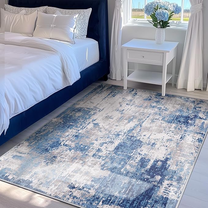Washable Area Rugs 4'x6' Non-Slip Modern Abstract Soft for Living Room Entryway Bedroom Nursery, Print Pattern, Blue Grey Navy Gray
