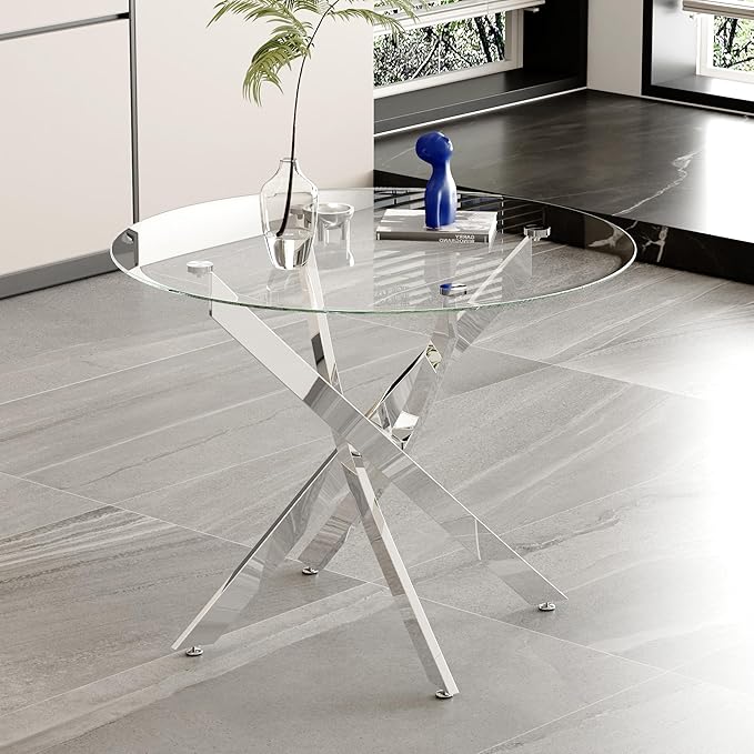 Glass Dining Table, Modern Kitchen Table 36" Small Round Dining Table for Apartment Kitchen Dining Room,Tempered Glass Table Top