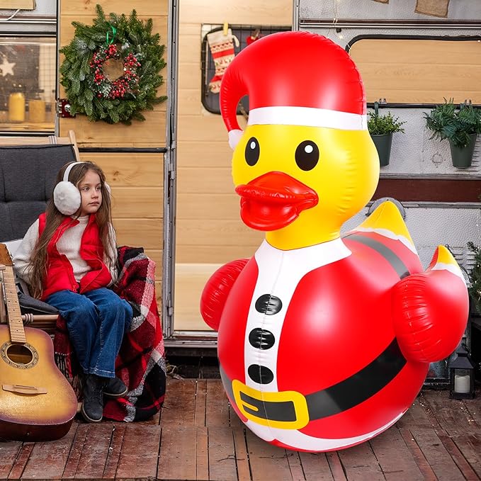 1 Pcs 4.6 Feet Christmas Giant Inflatable Snowman Duck Outdoor Decorations,Huge Blow Up Yard Yellow Duck with Red Snowman Cloth Pool Float for Indoor Christmas Holiday Party Garden Patio Lawn Decor