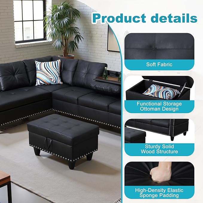 L Shaped Couch Faux Leather Sectional Couch Upholstered 3 Pieces Sofas for Living Room with Chaise, Storage Ottoman for Office and Small Apartment, Graceful Black