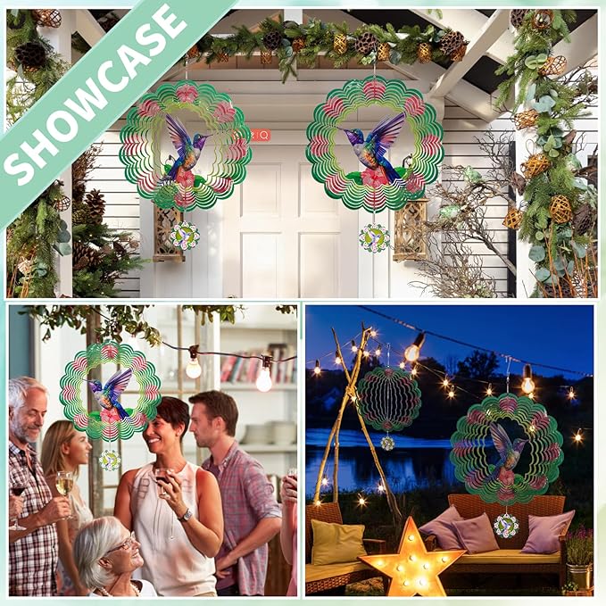 3D Hummingbird Wind Spinners for Yard and Garden Patio Decor 12 Inch Outdoor Metal Stainless Steel Wind Spinner Unique Gift Holiday Wind Sculptures