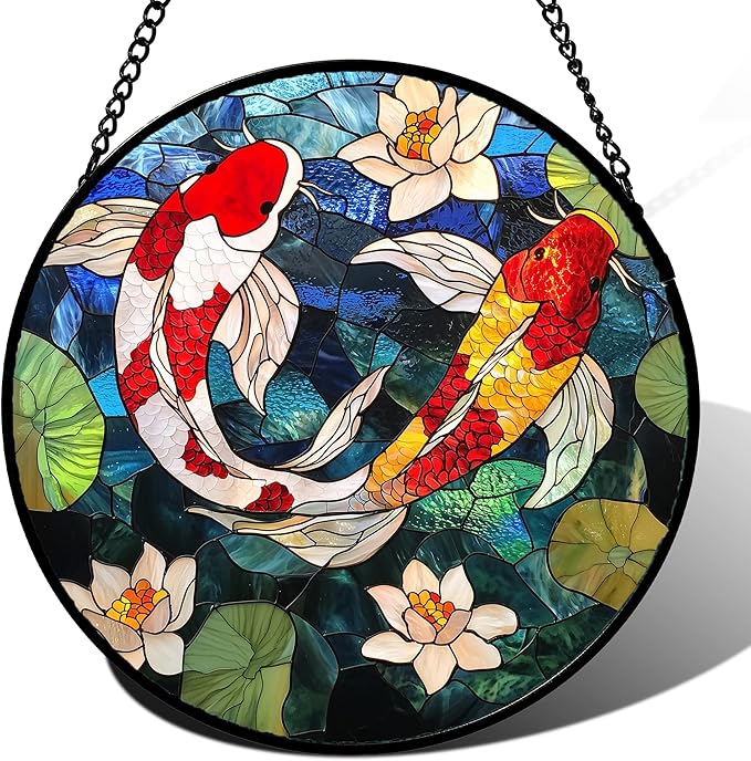 Stained Glass Window Hanging, Koi and Lotus Sun Catcher for Door Home Decor Fish Suncatcher Christmas Mother's Day Birthday Gifts for Women Men Mom and Nana 11.8 in