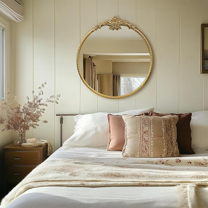Round Gold Mirror,28inch Baroque Style Vintage Decorative Circle Wall Mirror for Living Room, Bedroom, Bathroom, and Entryway,Antique Gold