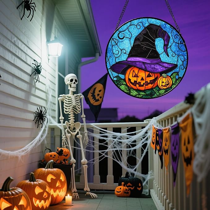 Stained Glass Window Hanging Halloween Horror Pumpkin 6.3" - Suncatcher Door Garden Sunroom Purple Black Witch Hat Sun Catcher Birthday for Friend Mom Men Woman Nana