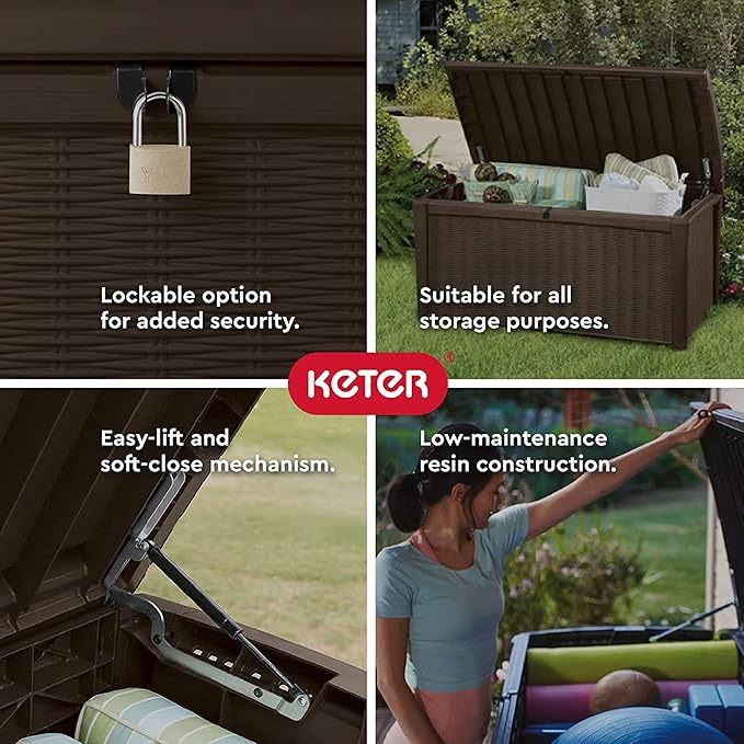 Keter Borneo 110 Gallon Resin Deck Box - Organization and Storage for Patio Furniture, Outdoor Cushions, Throw Pillows, Garden Tools and Pool Toys, Brown